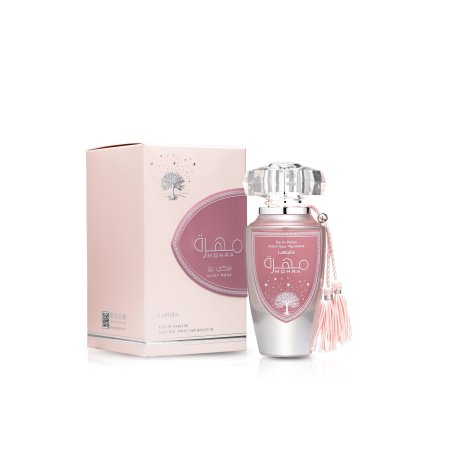 Lattafa Perfume Mohra Silky Rose EDP 100 ml — tuote ja pakkaus; koko sommitelma; valkoisella taustalla; väljin rajaus