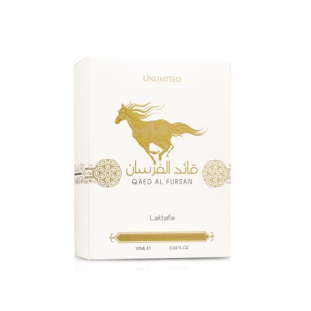 Lattafa Perfume Qaed Al Fursan Unlimited EDP 90 ml — productverpakking; ruime compositie; op een witte achtergrond