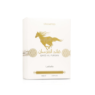 Lattafa Perfume Qaed Al Fursan Unlimited EDP 90 ml — productverpakking; ruime compositie; op een witte achtergrond