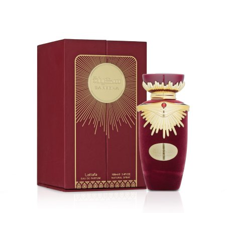 Lattafa Perfume Sakeena EDP 100 ml — опаковка на продукта; близък план; на бял фон