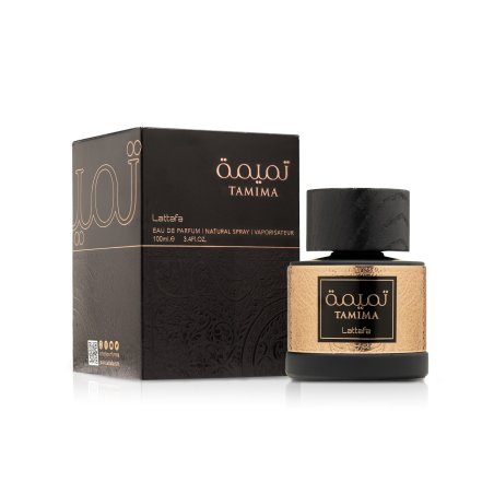 Lattafa Perfume Tamima EDP 100 ml — toote pakend; täiskompositsioon; valgel taustal; lähim kadreering