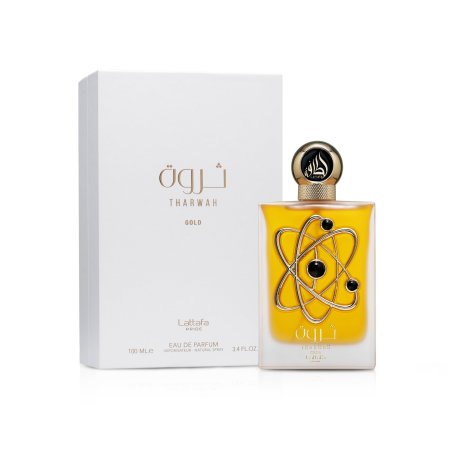 Lattafa Perfume Pride Tharwah Gold EDP 100 ml — упаковка товара; полная композиция; на белом фоне; самый близкий кадр