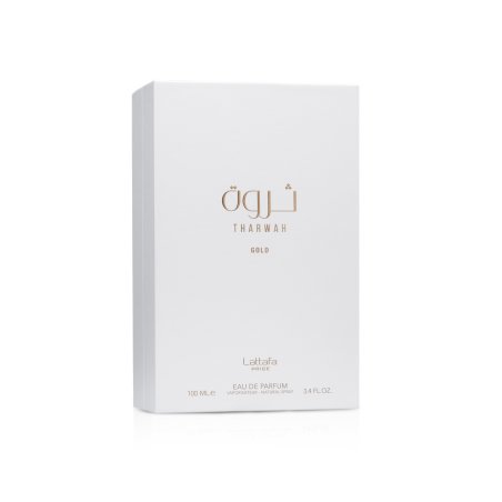 Lattafa Perfume Pride Tharwah Gold EDP 100 ml — упаковка товара; полная композиция; на белом фоне; самый широкий кадр
