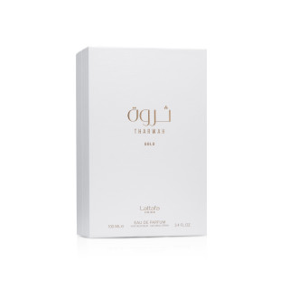 Lattafa Perfume Pride Tharwah Gold EDP 100 ml — упаковка товара; полная композиция; на белом фоне; самый широкий кадр