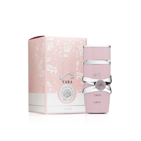 Lattafa Perfume Yara EDP 100 ml — товар и упаковка; полная композиция; на белом фоне; самый широкий кадр