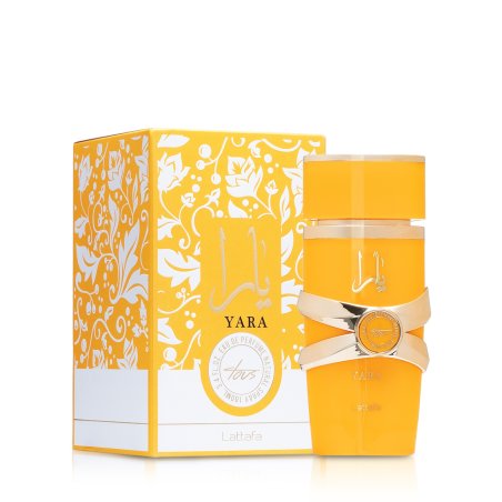 Lattafa Perfume Yara Tous EDP 100 ml — productverpakking; volledige compositie; op een witte achtergrond; meest nabije kadrering