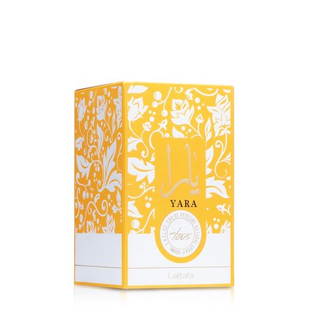 Lattafa Perfume Yara Tous EDP 100 ml — productverpakking; volledige compositie; op een witte achtergrond; ruimste kadrering