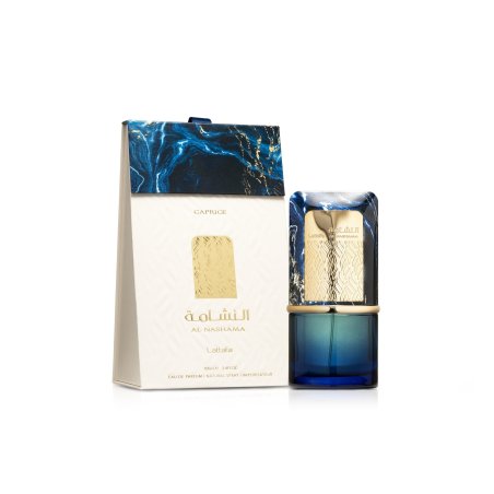 Lattafa Perfume Al Nashama Caprice EDP 100 ml — упаковка товара; полная композиция; на белом фоне