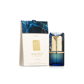 Lattafa Perfume Al Nashama Caprice EDP 100 ml — упаковка товара; полная композиция; на белом фоне