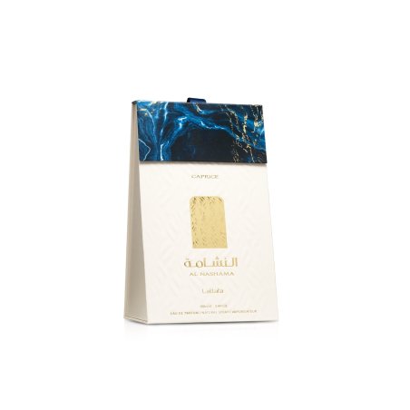 Lattafa Perfume Al Nashama Caprice EDP 100 ml — упаковка товара; широкая композиция; на белом фоне