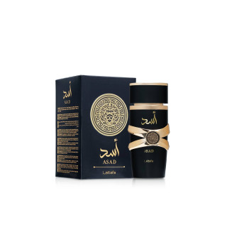 Lattafa Perfume ASAD EDP 100 ml — упаковка товара; полная композиция; на белом фоне; самый близкий кадр