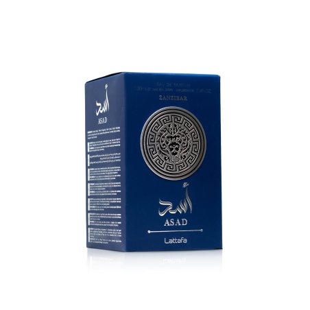 Lattafa Perfume Asad Zanzibar EDP 100 ml — упаковка товара; полная композиция; на белом фоне; самый широкий кадр