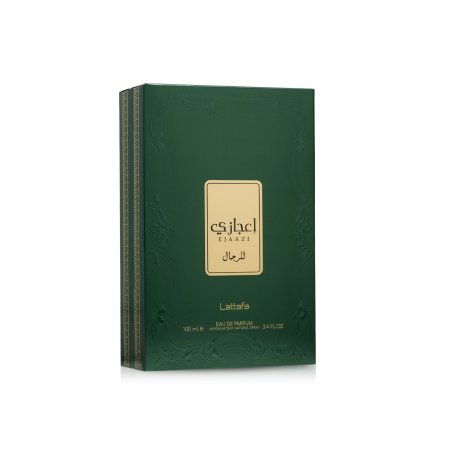 Lattafa Perfume EJAAZI EDP 100 ml — товар и упаковка; полная композиция; на белом фоне