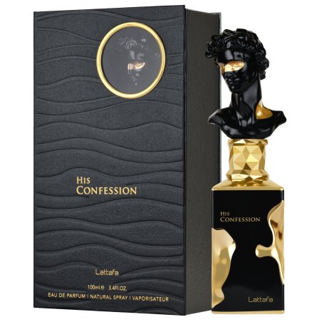 Lattafa Perfume His Confession EDP 100 ml — productweergave; zeer nabije close-up; op een witte achtergrond; ruimste kadrering