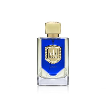 Lattafa Perfume Liam Blue Shine EDP 100 ml — produkto vaizdas; plati kompozicija; baltame fone