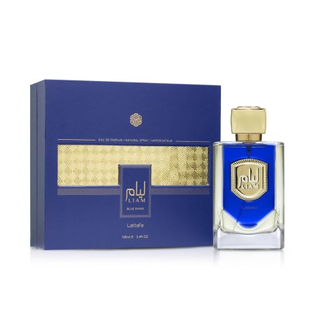 Lattafa Perfume Liam Blue Shine EDP 100 ml — produktas ir pakuotė; artimas vaizdas; baltame fone