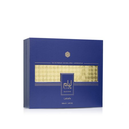 Lattafa Perfume Liam Blue Shine EDP 100 ml — produkto pakuotė; visa kompozicija; baltame fone