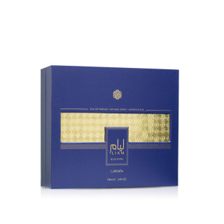 Lattafa Perfume Liam Blue Shine EDP 100 ml — produkto pakuotė; visa kompozicija; baltame fone