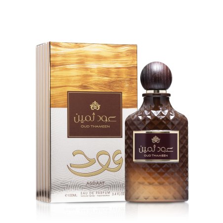 Lattafa Perfume OUD THAMEEN EDP 100 ml — product in een gestileerde setting; close-up; op een witte achtergrond