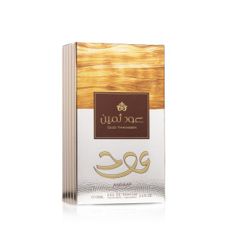 Lattafa Perfume OUD THAMEEN EDP 100 ml — productverpakking; volledige compositie; op een witte achtergrond