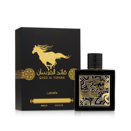 Lattafa Perfume Qaed Al Fursan EDP 90 ml — упаковка товара; крупный план; на белом фоне; самый близкий кадр