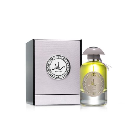 Lattafa Perfume Ra'ed Silver EDP 100 ml — produto e embalagem; composição completa; sobre fundo branco