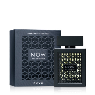 Lattafa Perfume Rave NOW EDP 100 ml — produkta iepakojums; tuvplāns; uz balta fona