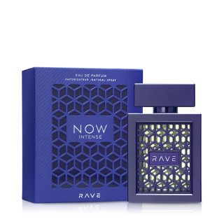 Lattafa Perfume Rave Now Intense EDP 100 ml — produktemballage; nærbillede; på hvid baggrund; bredeste udsnit