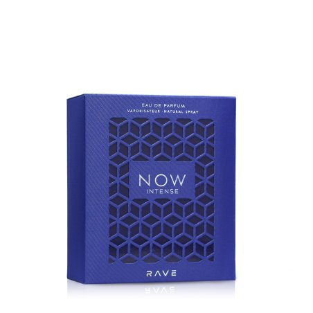 Lattafa Perfume Rave Now Intense EDP 100 ml — produktemballage; fuld komposition; på hvid baggrund