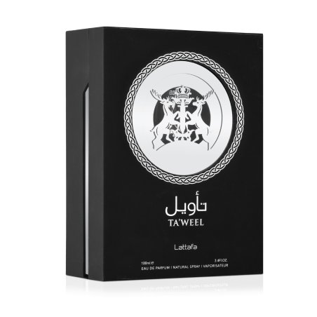 Lattafa Perfume TA'WEEL EDP 100 ml — товар и упаковка; крупный план; на белом фоне