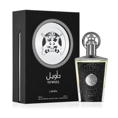 Lattafa Perfume TA'WEEL EDP 100 ml — упаковка товара; крупный план; на белом фоне