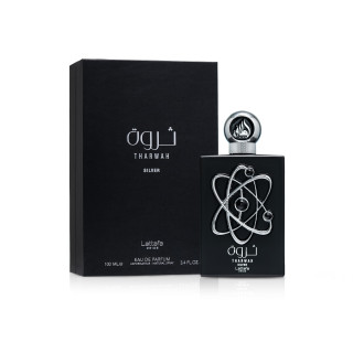 Lattafa Perfume Pride Tharwah Silver EDP 100 ml — toote pakend; lähivaade; valgel taustal