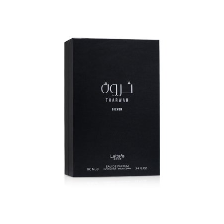 Lattafa Perfume Pride Tharwah Silver EDP 100 ml — toote pakend; täiskompositsioon; valgel taustal
