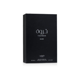 Lattafa Perfume Pride Tharwah Silver EDP 100 ml — toote pakend; täiskompositsioon; valgel taustal