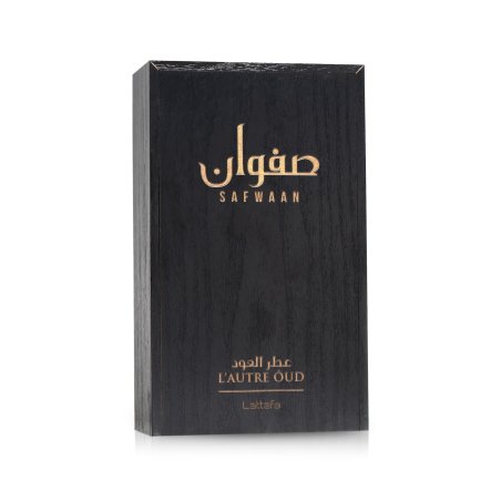 Lattafa Perfume Safwaan L'autre Oud EDP 100 ml — obal produktu; detail; na bílém pozadí