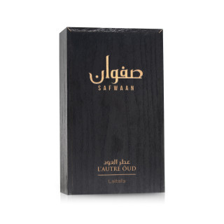 Lattafa Perfume Safwaan L'autre Oud EDP 100 ml — obal produktu; detail; na bílém pozadí