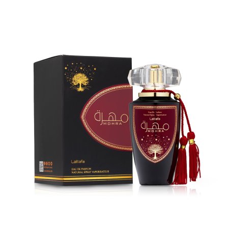 Lattafa Perfume Mohra EDP 100 ml — produit et emballage; gros plan; sur fond blanc
