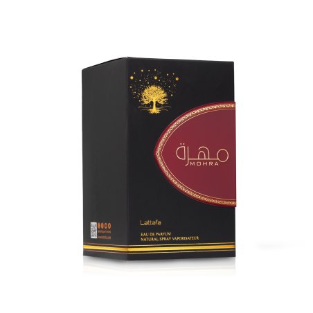 Lattafa Perfume Mohra EDP 100 ml — emballage du produit; composition complète; sur fond blanc
