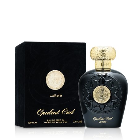 Lattafa Perfume Opulent Oud EDP 100 ml — toode ja pakend; lähivaade; valgel taustal