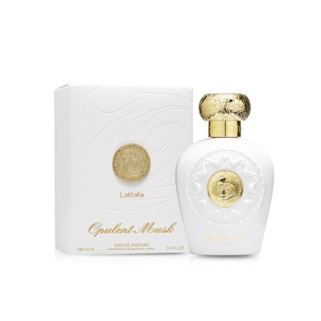 Lattafa Perfume Opulent Musk EDP 100 ml — produkt og emballage; fuld komposition; på hvid baggrund