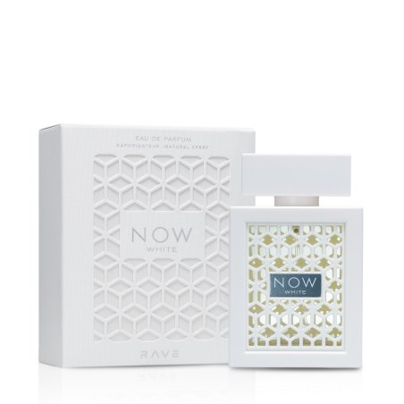 Lattafa Perfume Rave Now White EDP 100 ml — опаковка на продукта; цялостна композиция; на бял фон; най-близък кадър