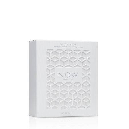 Lattafa Perfume Rave Now White EDP 100 ml — опаковка на продукта; цялостна композиция; на бял фон; най-широк кадър