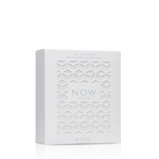 Lattafa Perfume Rave Now White EDP 100 ml — опаковка на продукта; цялостна композиция; на бял фон; най-широк кадър