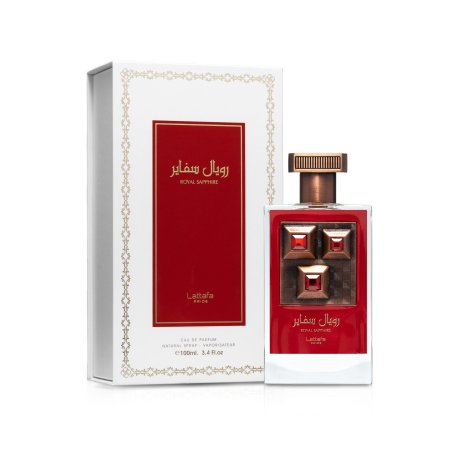 Lattafa Perfume Pride Royal Sapphire 100 ml — produit et emballage; composition complète; sur fond blanc; cadrage le plus large