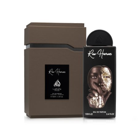 Lattafa Perfume Pride Raw Human EDP 100 ml — toote pakend; lähivaade; valgel taustal