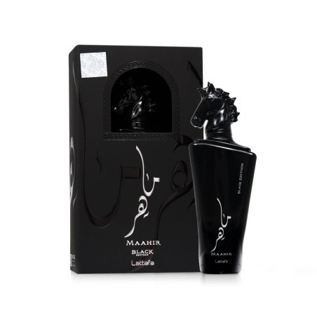 Lattafa Perfume MAAHIR Black EDP 100 ml — упаковка товара; крупный план; на белом фоне