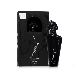 Lattafa Perfume MAAHIR Black EDP 100 ml — упаковка товара; крупный план; на белом фоне