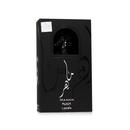 Lattafa Perfume MAAHIR Black EDP 100 ml — упаковка товара; полная композиция; на белом фоне