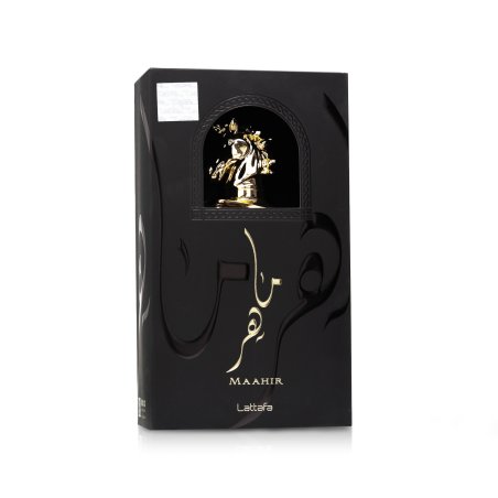 Lattafa Perfume MAAHIR EDP 100 ml — toote pakend; täiskompositsioon; valgel taustal