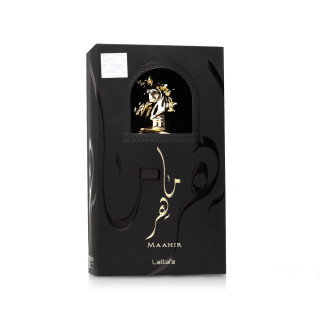 Lattafa Perfume MAAHIR EDP 100 ml — toote pakend; täiskompositsioon; valgel taustal
